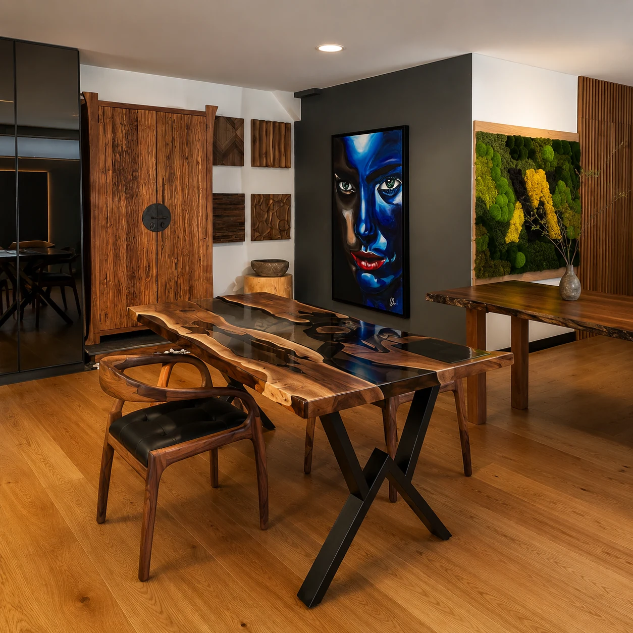 Composición interior con arte, madera y mobiliario premium.