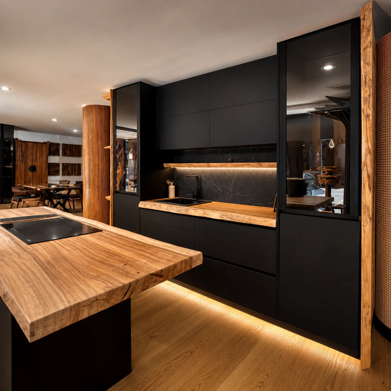 Mobiliario premium con iluminación integrada y madera natural.